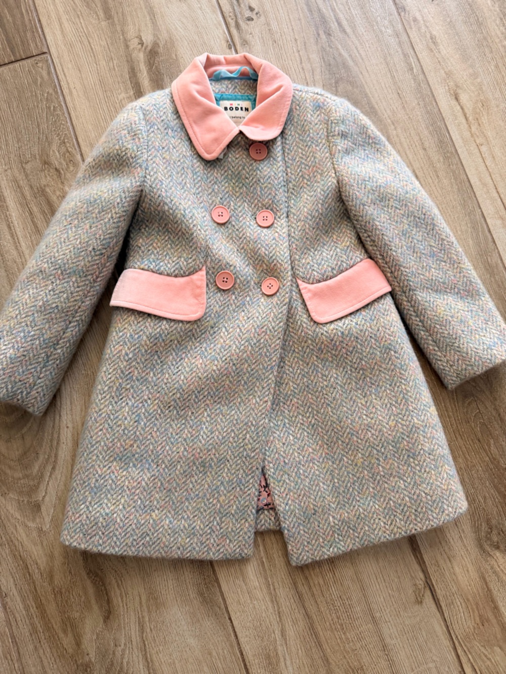 Boden Kids Pastel Multicolor Tweed Coat with Pink Collar
